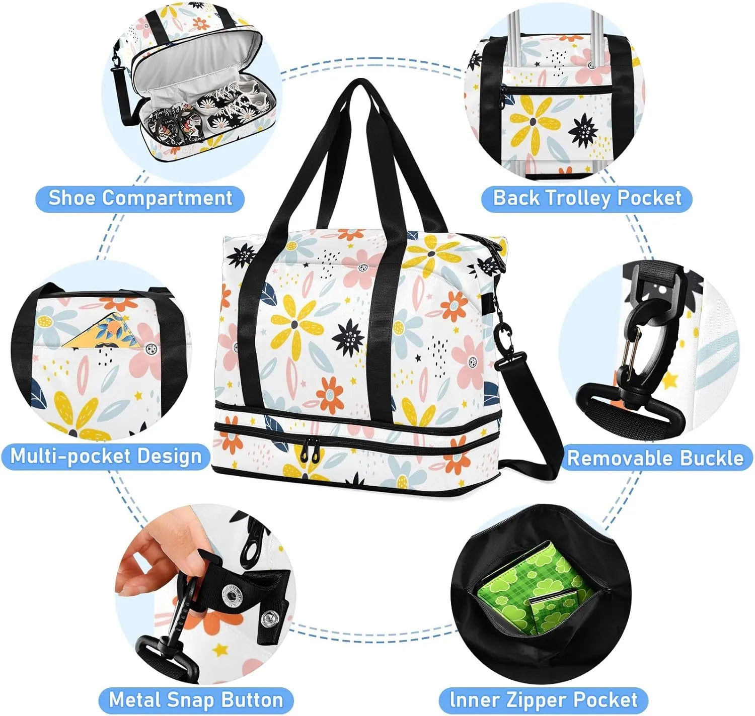 Cartoon Flowers Travelling Bags for Luggage Waterproof Sports Bag for Men, Carry on Bags for Airplanes