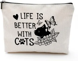 Cat Makeup Bag Small, Cat Mom Gifts for Women Cat Owners Lovers, Funny Cat Gifts for Women, Life Is Better with Cats Bag, Black Cat Gift Bag