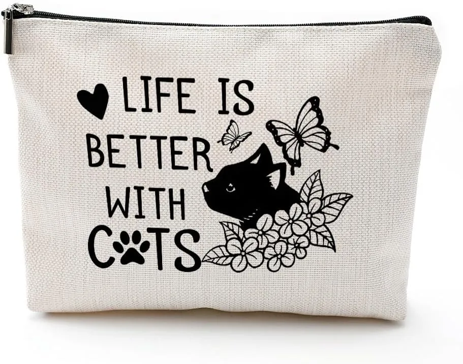 Cat Makeup Bag Small, Cat Mom Gifts for Women Cat Owners Lovers, Funny Cat Gifts for Women, Life Is Better with Cats Bag, Black Cat Gift Bag