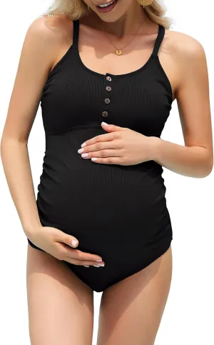 Century Star Maternity Swimsuits One Piece for Women Swimsuit Womens Ribbed Bathing Suit Button Down Cross Back Swimwear