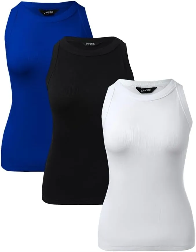 CHICME 3 Piece Womens Tank Tops Sleeveless Basic Cami Shirt Slim Knit Ribbed Racerback Blouses