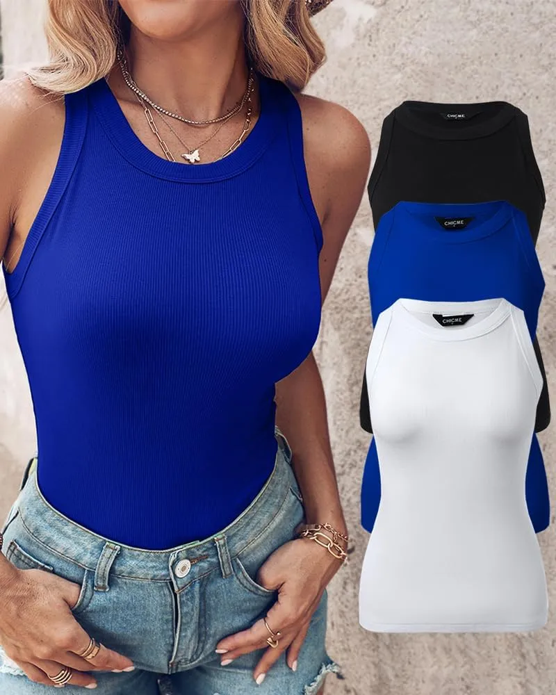 CHICME 3 Piece Womens Tank Tops Sleeveless Basic Cami Shirt Slim Knit Ribbed Racerback Blouses