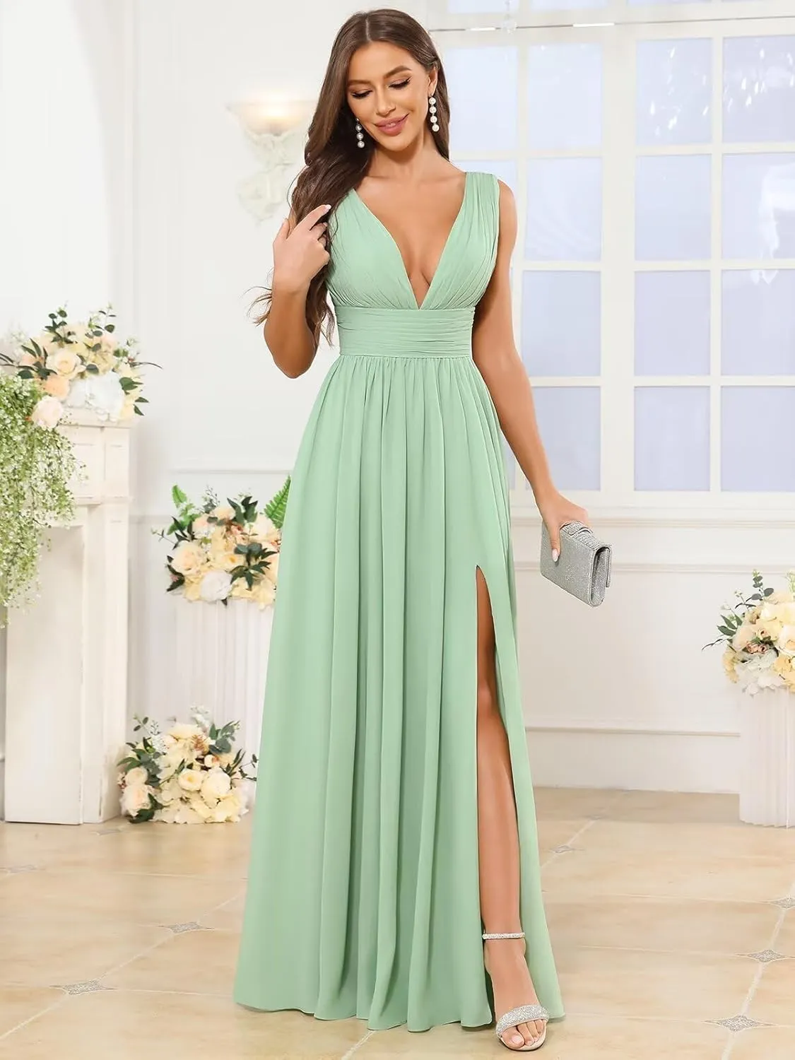 Chiffon Bridesmaid Dresses for Women Deep V Neck Long Ruched Formal Evening Gown with Slit