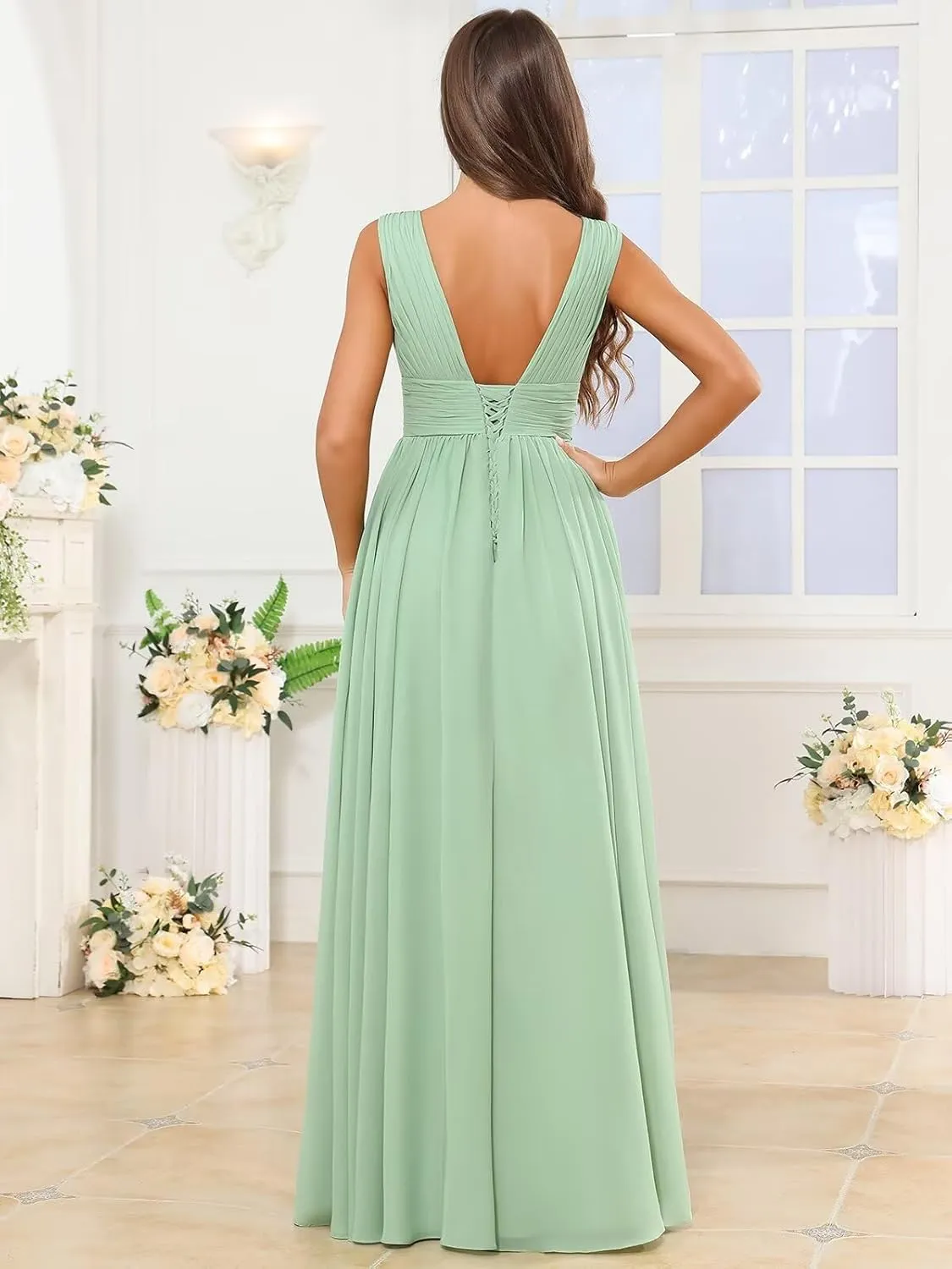 Chiffon Bridesmaid Dresses for Women Deep V Neck Long Ruched Formal Evening Gown with Slit