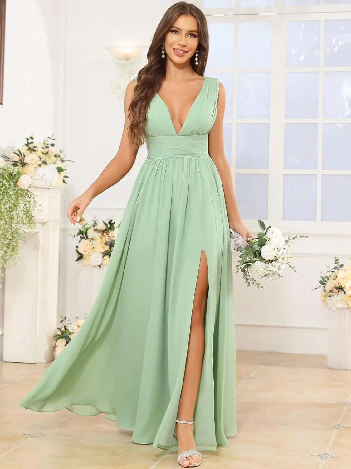 Chiffon Bridesmaid Dresses for Women Deep V Neck Long Ruched Formal Evening Gown with Slit