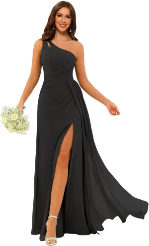 Chiffon Bridesmaid Dresses for Women One Shoulder with Slit Ruched Waist Long Formal Evening Gowns for Wedding