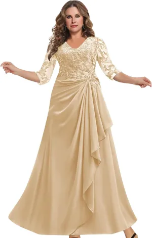 Chiffon Lace Mother of The Bride Dresses for Wedding V Neck A Line Long 3/4 Sleeves Formal Evening Dress