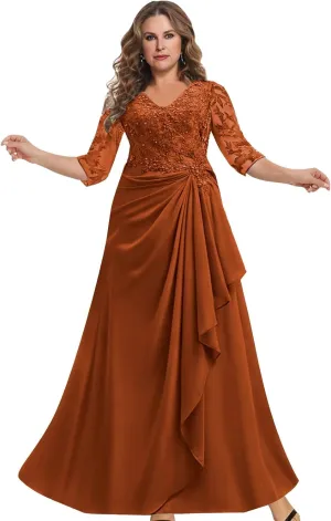 Chiffon Lace Mother of The Bride Dresses for Wedding V Neck A Line Long 3/4 Sleeves Formal Evening Dress