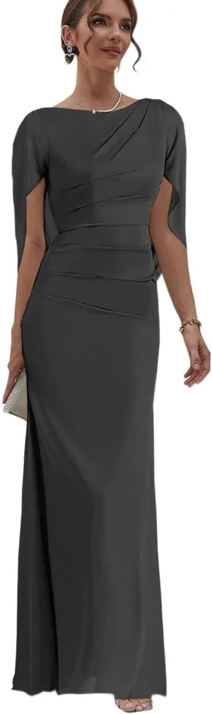 Chiffon Mother of The Bride Dresses with Cape Long Evening Gowns for Women Mermaid Formal Dress with Sleeve MJ011