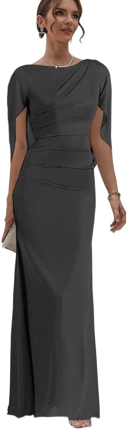 Chiffon Mother of The Bride Dresses with Cape Long Evening Gowns for Women Mermaid Formal Dress with Sleeve MJ011