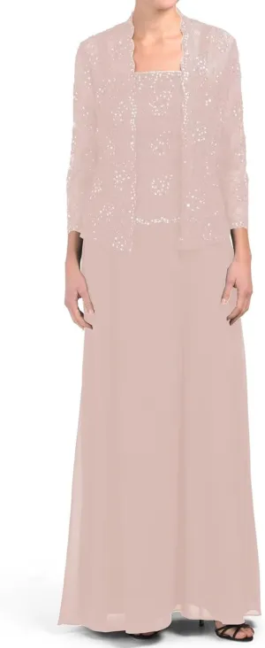 Chiffon Mother of The Bride Dresses with Jacket for Wedding 2 Piece Laces Sequin Formal Evening Dresses