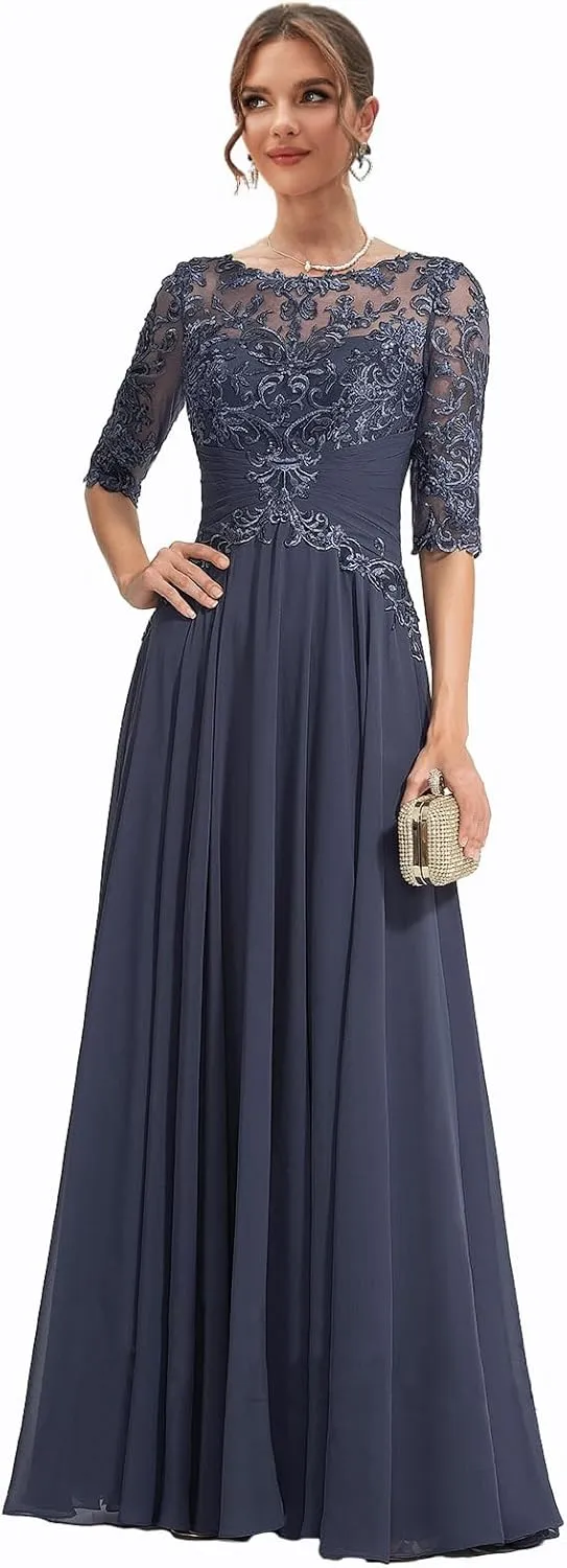 Chiffon Mother of The Bride Dresses with Sleeves Lace Appliques Formal Dress for Women Wedding Guest