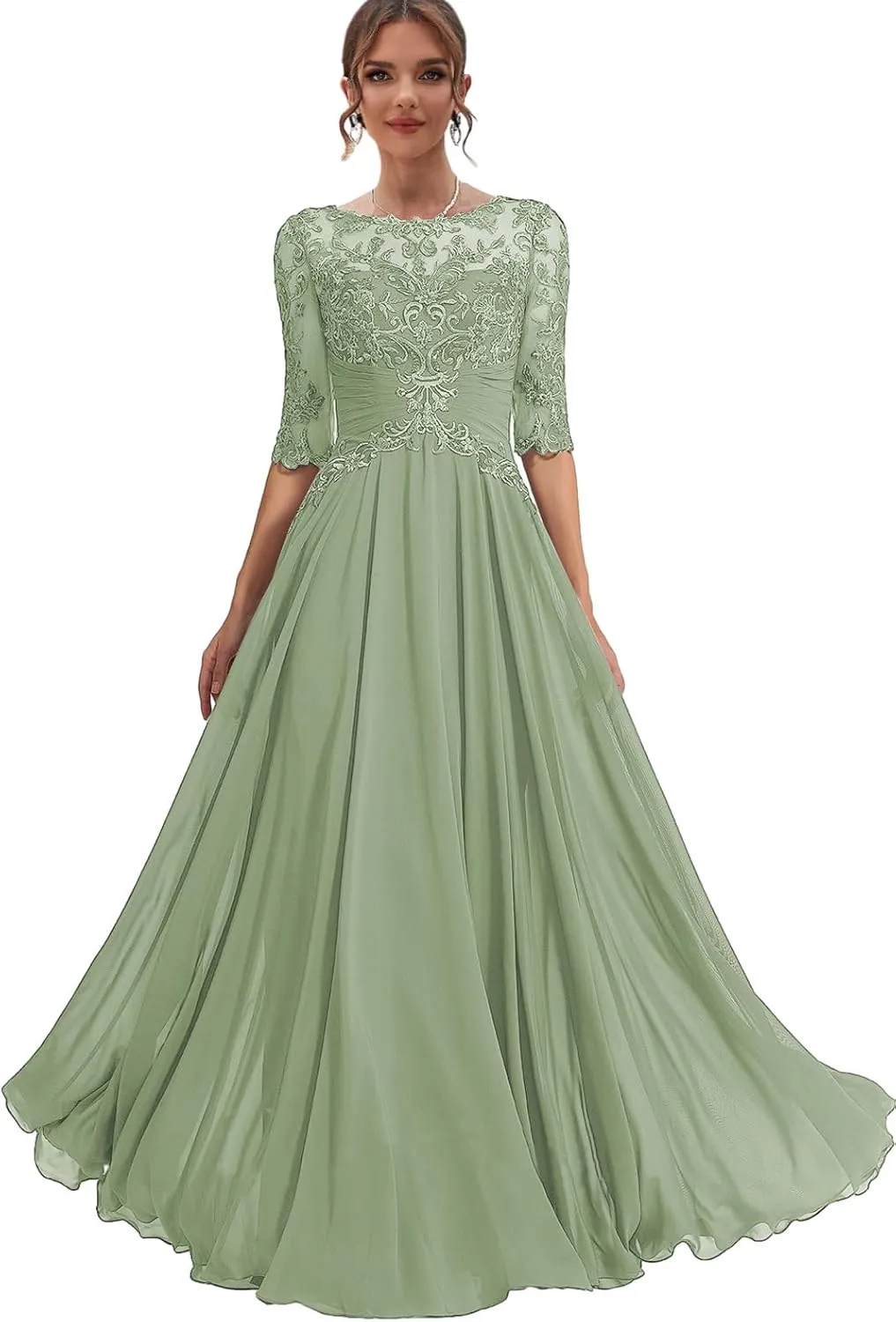 Chiffon Mother of The Bride Dresses with Sleeves Lace Appliques Formal Dress for Women Wedding Guest