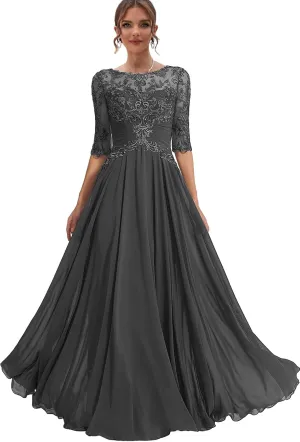 Chiffon Mother of The Bride Dresses with Sleeves Lace Appliques Formal Dress for Women Wedding Guest