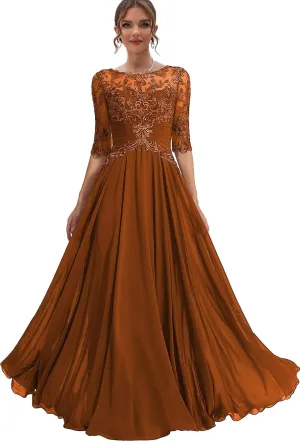 Chiffon Mother of The Bride Dresses with Sleeves Lace Appliques Formal Dress for Women Wedding Guest