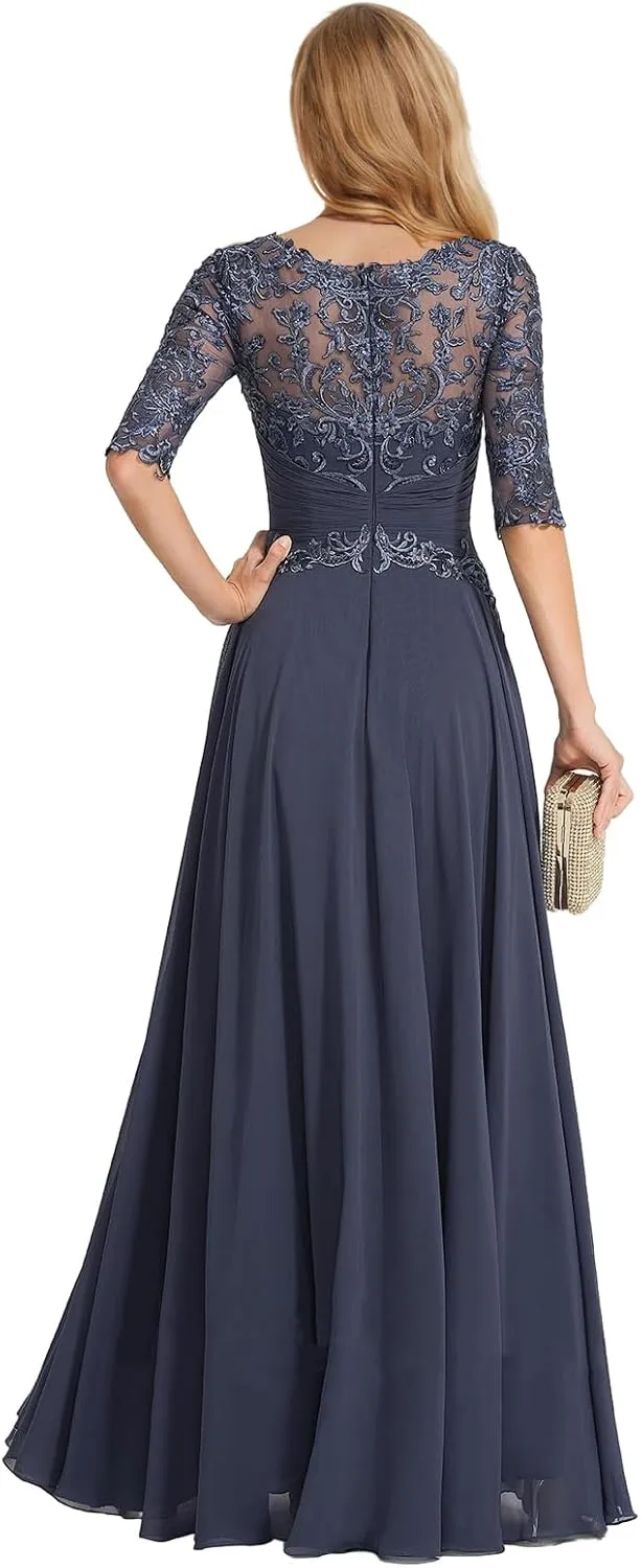 Chiffon Mother of The Bride Dresses with Sleeves Lace Appliques Formal Dress for Women Wedding Guest