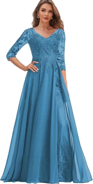 Chiffon Mother of The Bride Dresses with Sleeves Lace Wedding Party Dress for Women V Neck Long Formal Gown