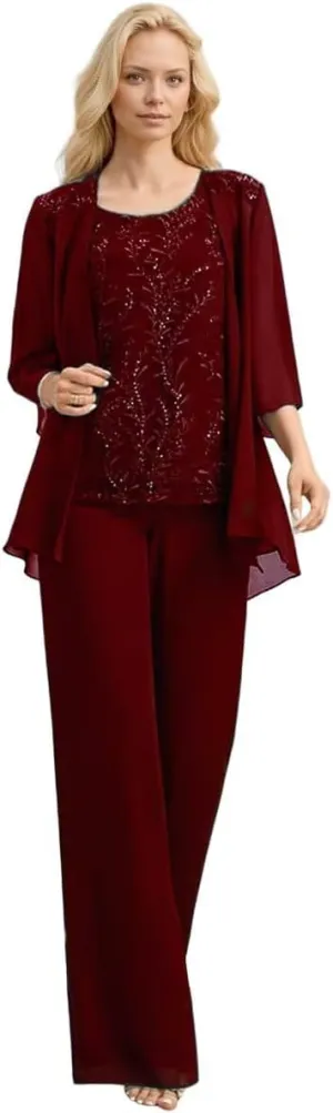 Chiffon Mother of The Bride Pant Suits Long Laces Appliques 3 Pieces Mother of The Groom Dresses