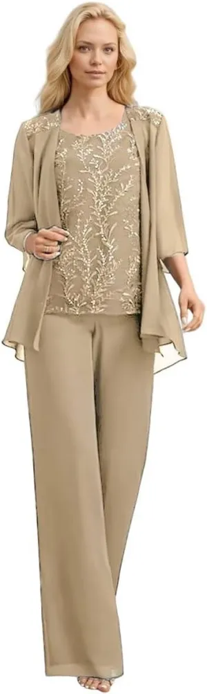 Chiffon Mother of The Bride Pant Suits Long Laces Appliques 3 Pieces Mother of The Groom Dresses