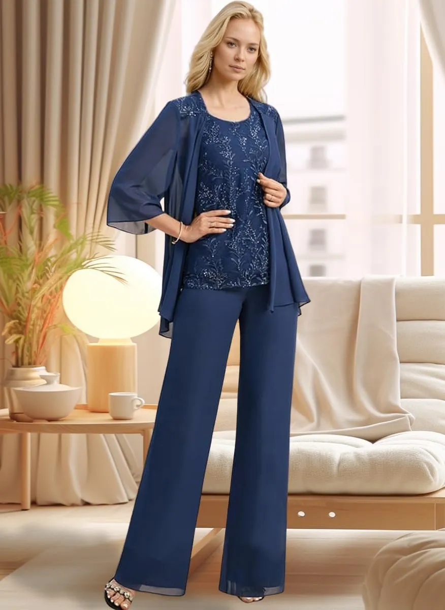 Chiffon Mother of The Bride Pant Suits Long Laces Appliques 3 Pieces Mother of The Groom Dresses
