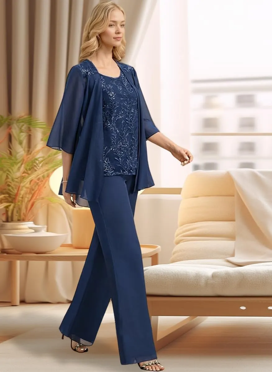 Chiffon Mother of The Bride Pant Suits Long Laces Appliques 3 Pieces Mother of The Groom Dresses