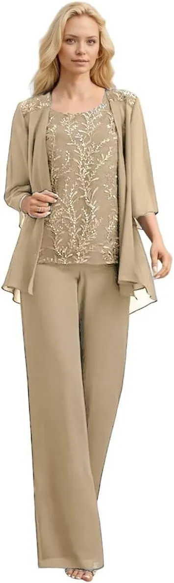 Chiffon Mother of The Bride Pant Suits Long Laces Appliques 3 Pieces Mother of The Groom Dresses