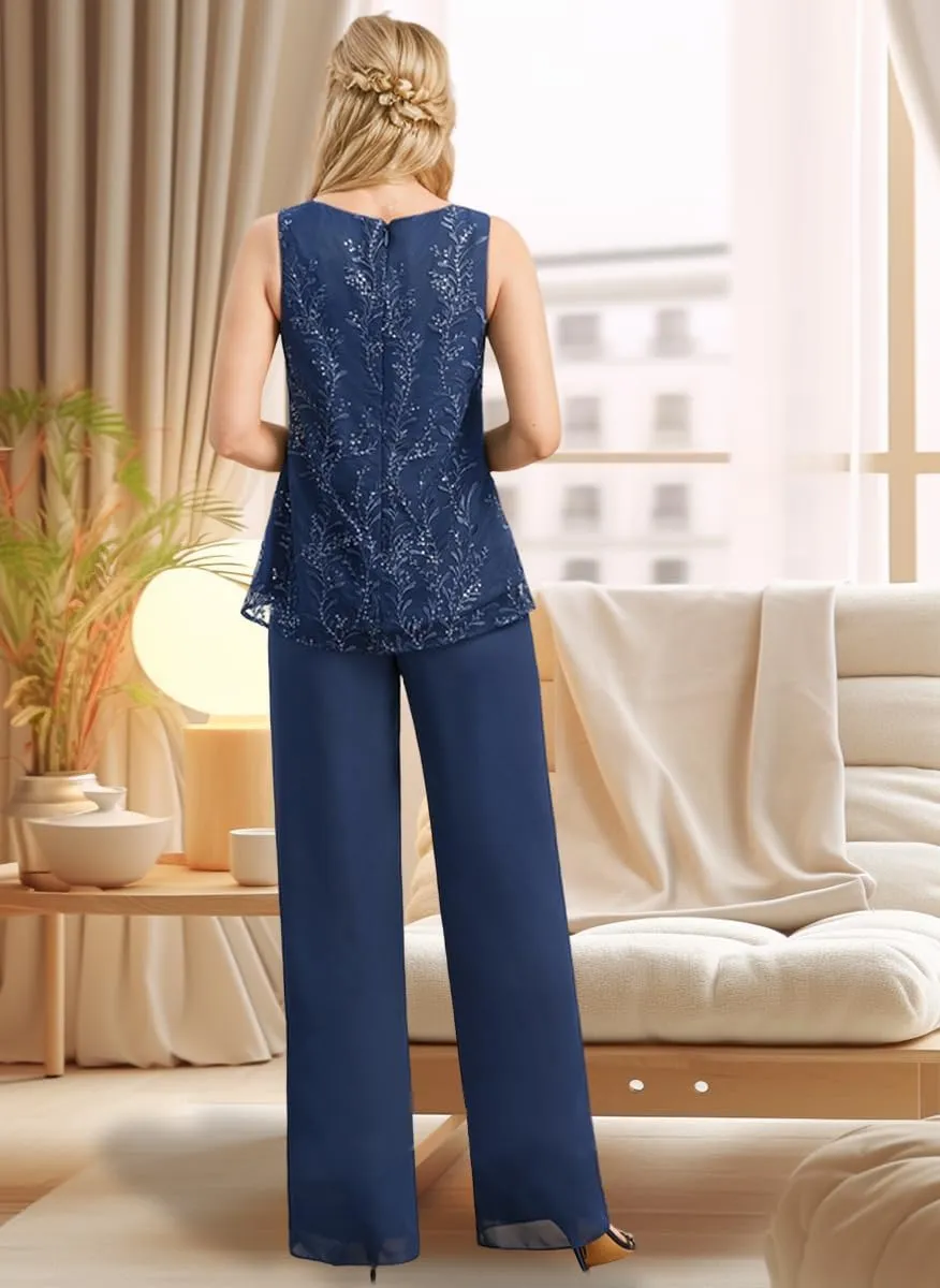 Chiffon Mother of The Bride Pant Suits Long Laces Appliques 3 Pieces Mother of The Groom Dresses
