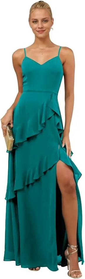 Chiffon Ruffle Bridesmaid Dresses Spaghetti Strap Prom Dress with Slit Formal Mermaid Party Dresses HGR98