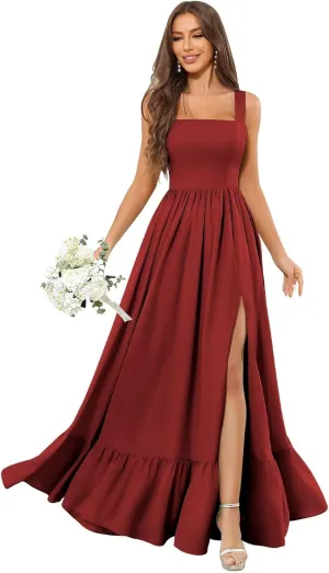 Chiffon Ruffles Bridesmaid Dresses for Women Long A Line Square Neck Formal Evening Gown with Slit