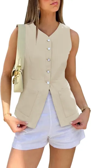 Cicy Bell Womens Button Down Vest Tops Summer Fitted Sleeveless Tank Tops Dressy Casual Business Waistcoat