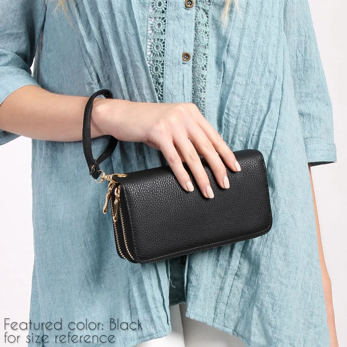 Classic Leatherette Zip Around Wallet - Vegan Leather Zipper Clutch Purse Coin Card Slots, Removable Wristlet (Double Zip Wristlet - Navy)