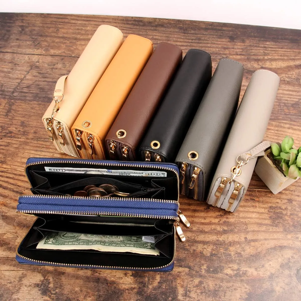 Classic Leatherette Zip Around Wallet - Vegan Leather Zipper Clutch Purse Coin Card Slots, Removable Wristlet (Double Zip Wristlet - Navy)