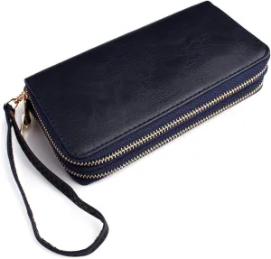 Classic Leatherette Zip Around Wallet - Vegan Leather Zipper Clutch Purse Coin Card Slots, Removable Wristlet (Double Zip Wristlet - Navy)