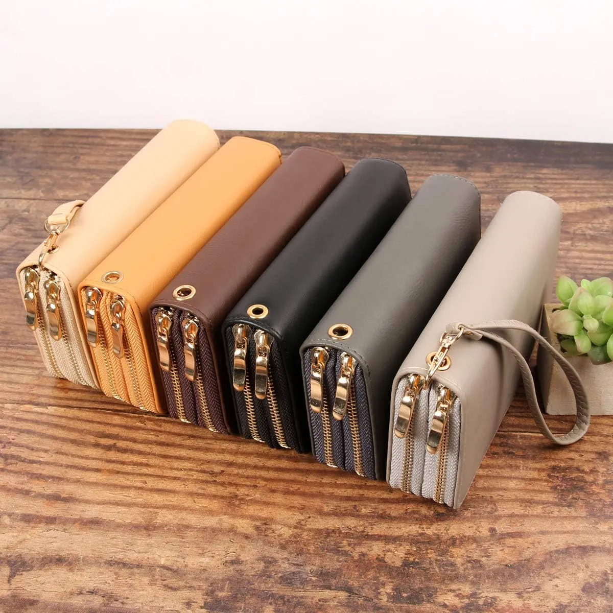 Classic Leatherette Zip Around Wallet - Vegan Leather Zipper Clutch Purse Coin Card Slots, Removable Wristlet (Double Zip Wristlet - Navy)
