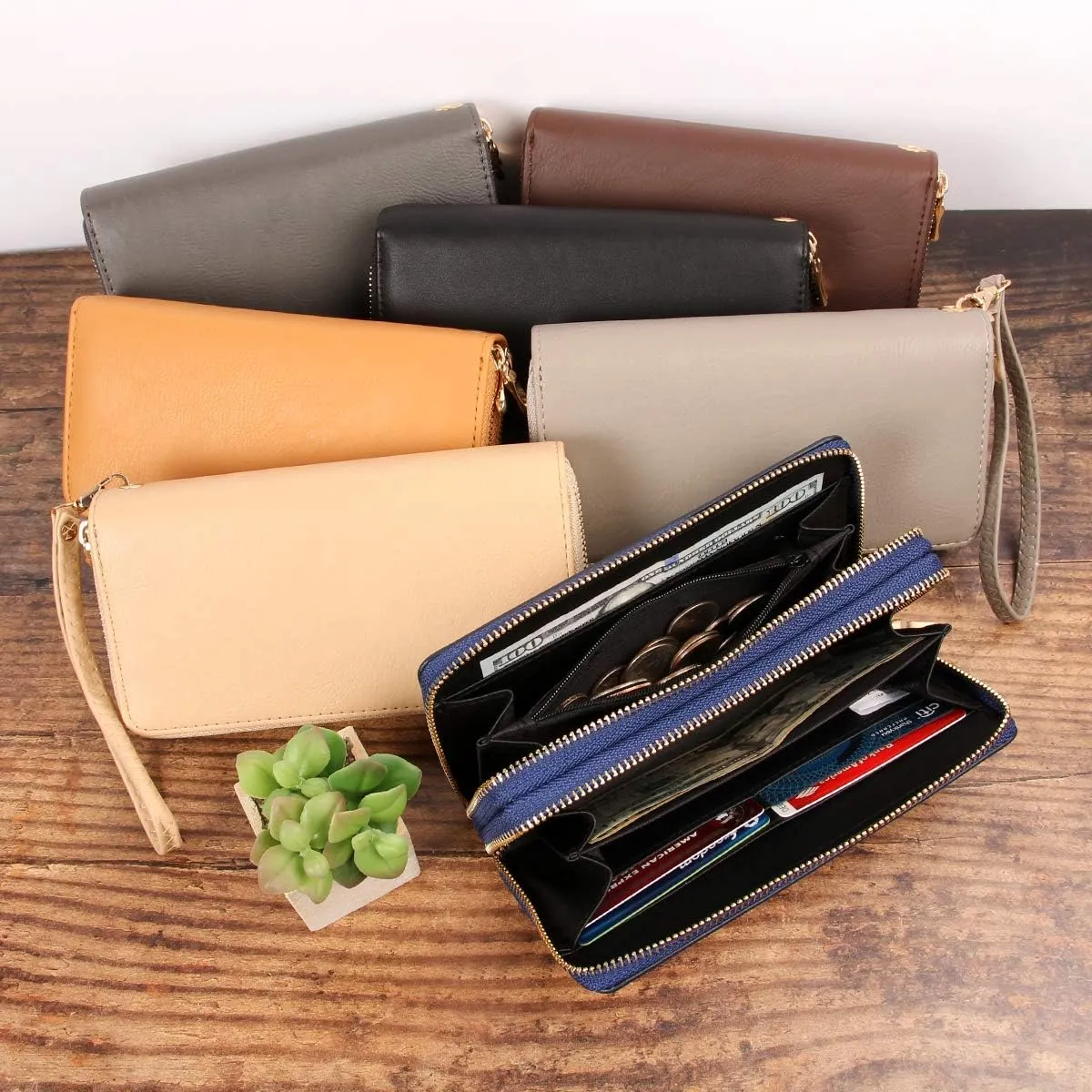 Classic Leatherette Zip Around Wallet - Vegan Leather Zipper Clutch Purse Coin Card Slots, Removable Wristlet (Double Zip Wristlet - Navy)