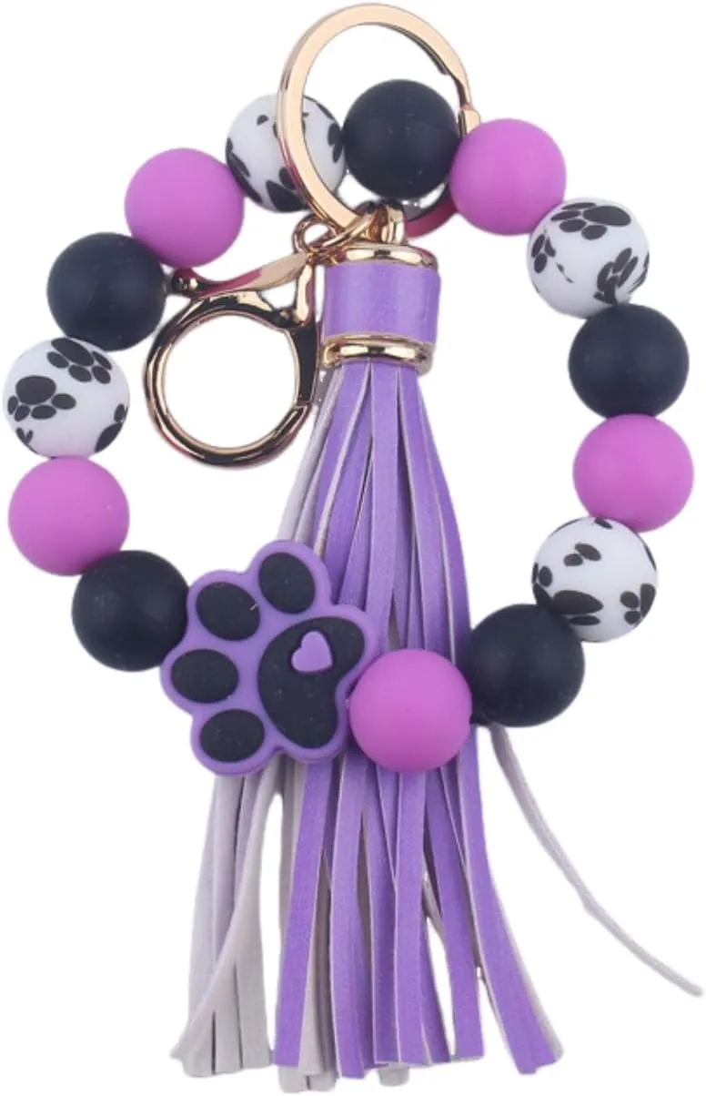 Claw Silicone Beaded Wristlet Keychain Leather Tassel Keyring Holder Wrist Lanyard for Backpack