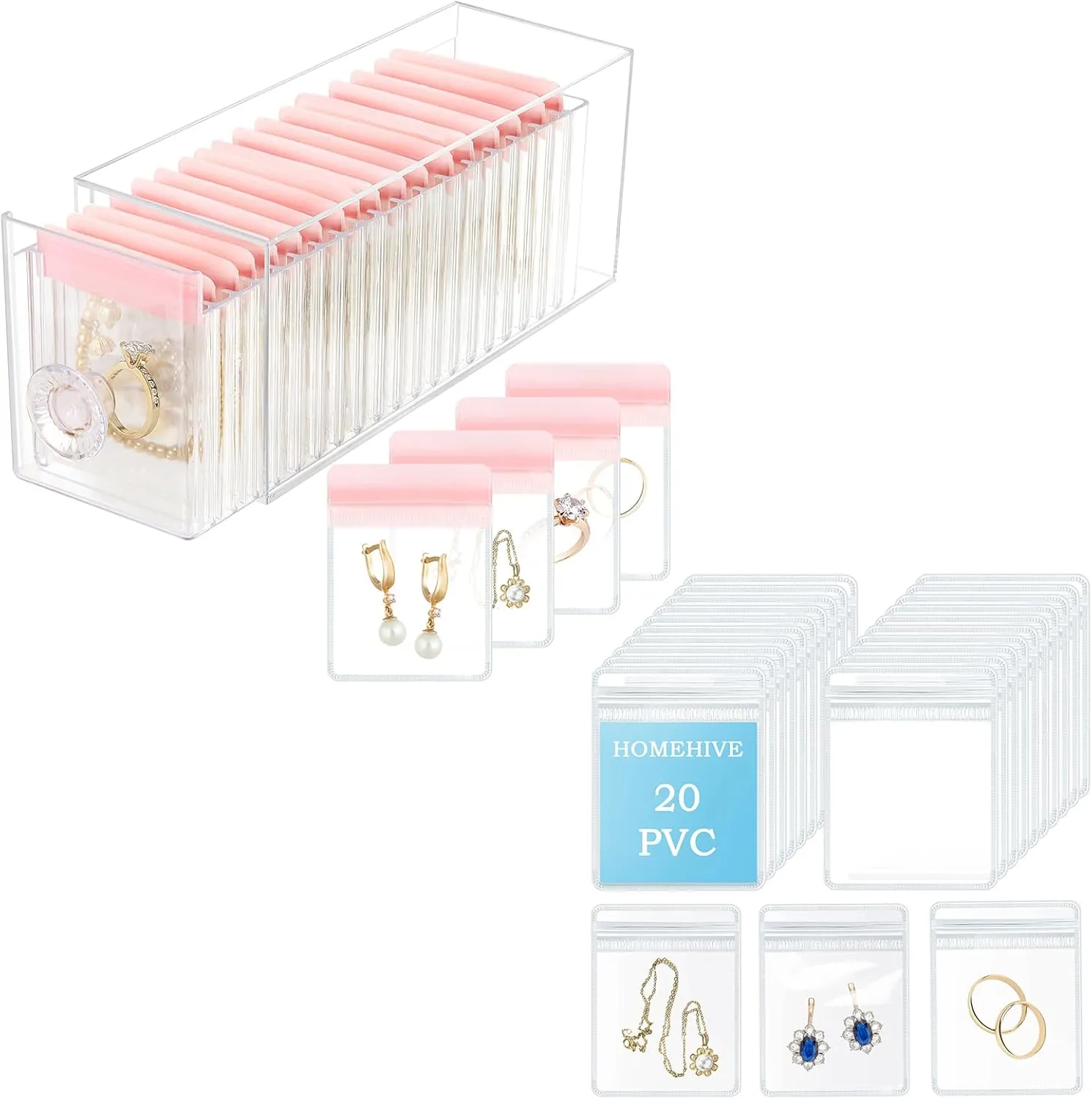 Clear Jewelry Bags and Pink Pouch Acrylic Organizer Bundle