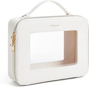 Clear Makeup Bag Portable Travel Cosmetic Bags Multipurpose Clear Makeup Bags with Handle Transparent Toiletry Bag Make Up Bag Organizer for Women Traveling Car Essentials,Large,Beige