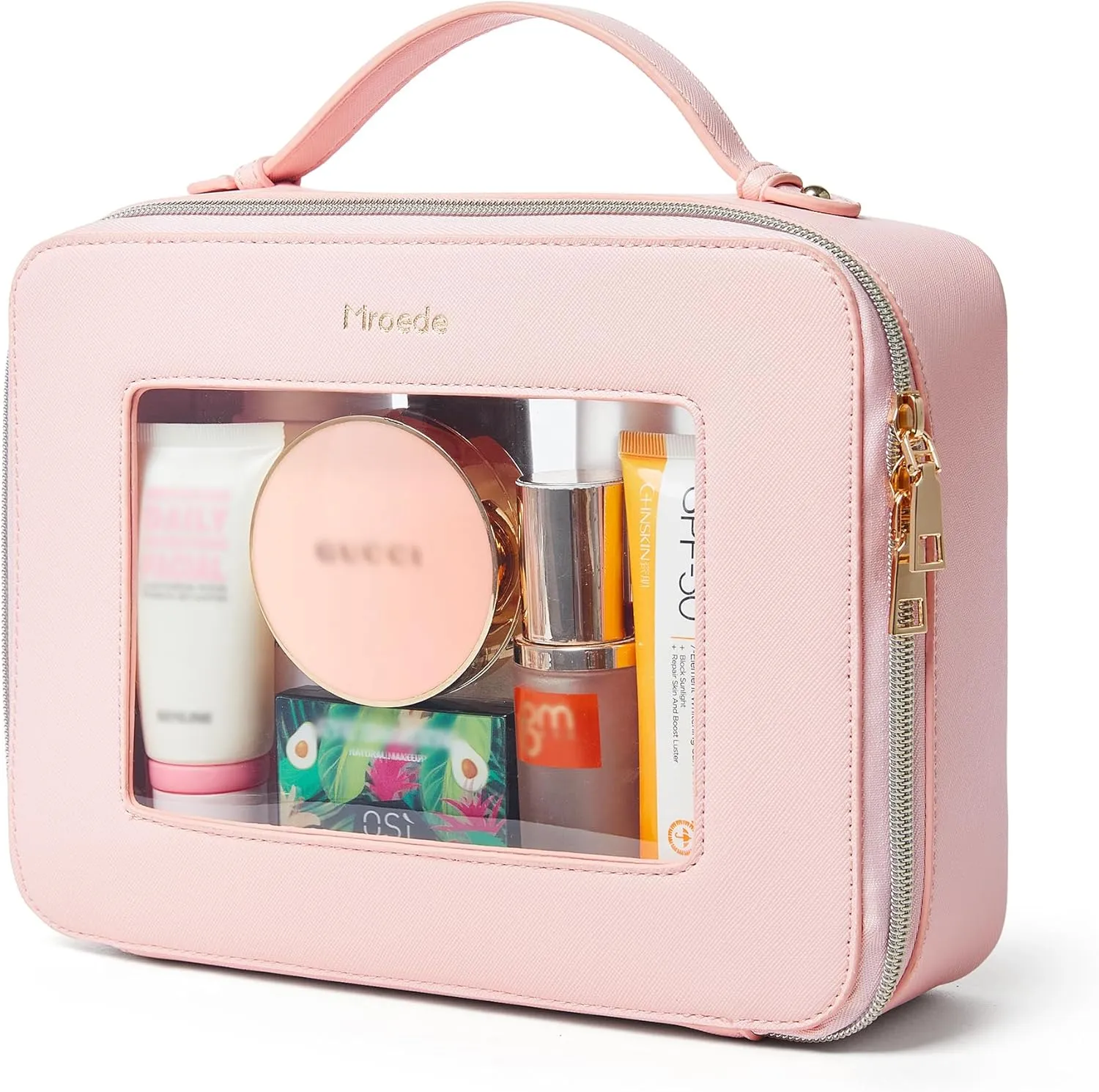 Clear Makeup Bag Portable Travel Cosmetic Bags Multipurpose Clear Makeup Bags with Handle Transparent Toiletry Bag Make Up Bag Organizer for Women Traveling Car Essentials,Large,Pink