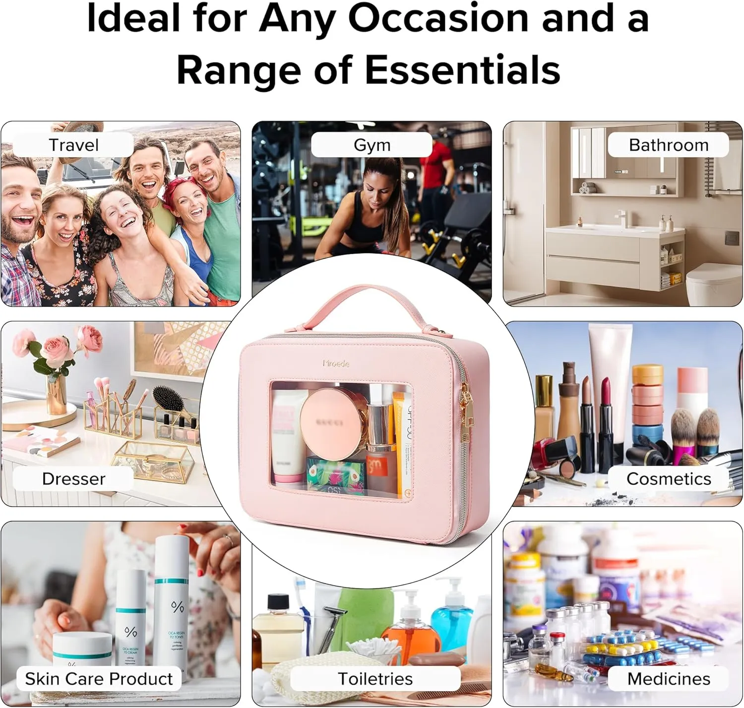Clear Makeup Bag Portable Travel Cosmetic Bags Multipurpose Clear Makeup Bags with Handle Transparent Toiletry Bag Make Up Bag Organizer for Women Traveling Car Essentials,Large,Pink