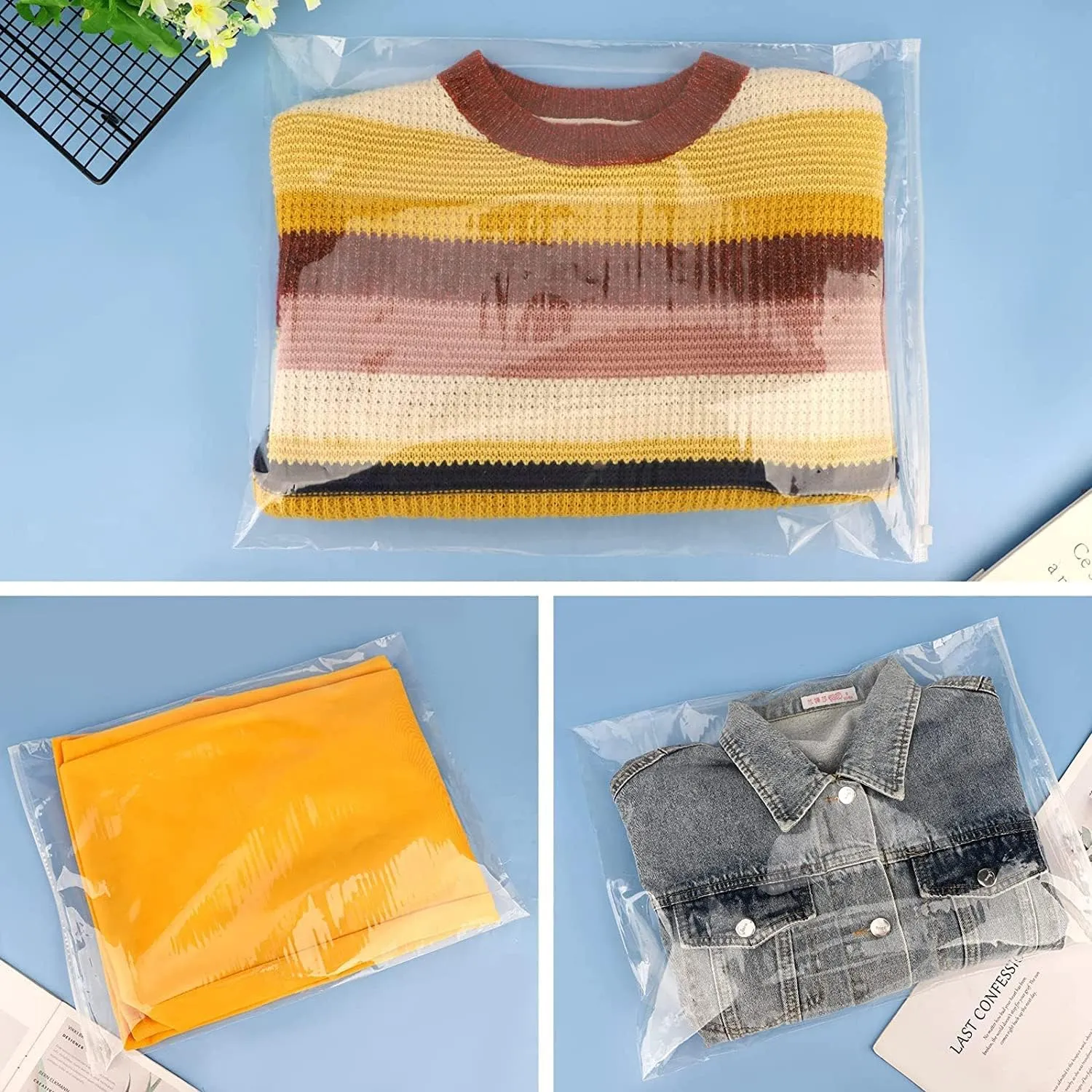 Clear Zipper Bags Resealable for Clothes, 3 Mil Thick 9x12 inch Large Plastic Mailers Travel for Clothing, 100 Pcs Self Seal Apparel Poly Bags for Sweaters, Jeans Shipping