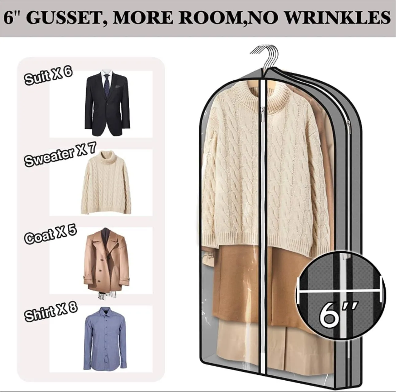 Clothes Cover 5 Pcs Garment Bags 40" Clothing Bags for Hanging Clothes with 6'' Gusset Garment Bag Suit Bags