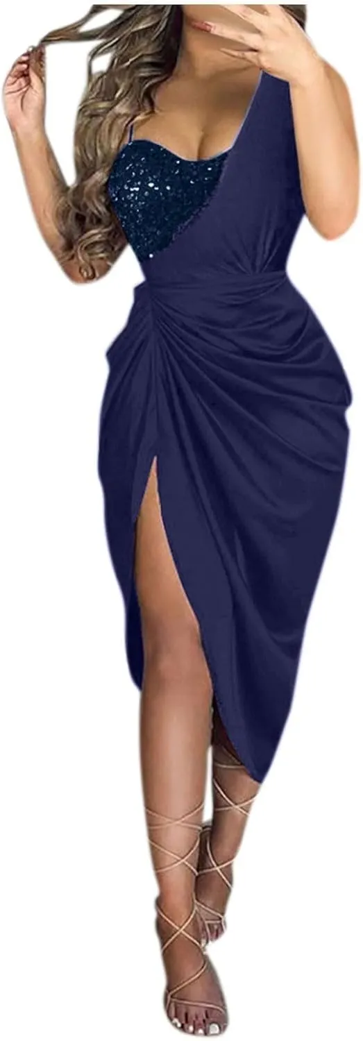 Cocktail Dresses for Women,2025 Elegant Bodycon One/Off Shoulder Wedding Guest Dress Ruched Slit Hem Party Dress