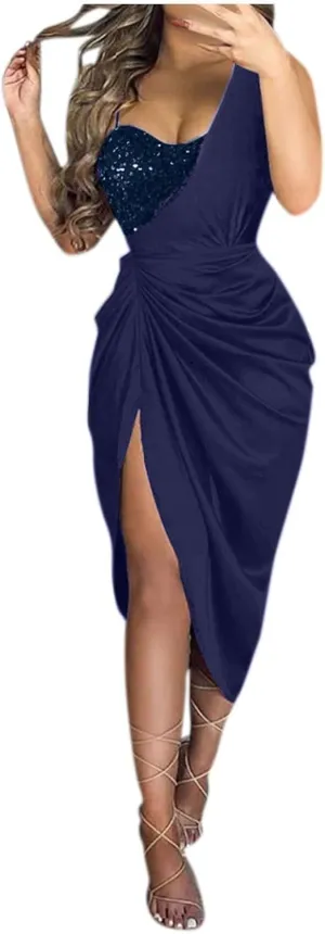 Cocktail Dresses for Women,2025 Elegant Bodycon One/Off Shoulder Wedding Guest Dress Ruched Slit Hem Party Dress