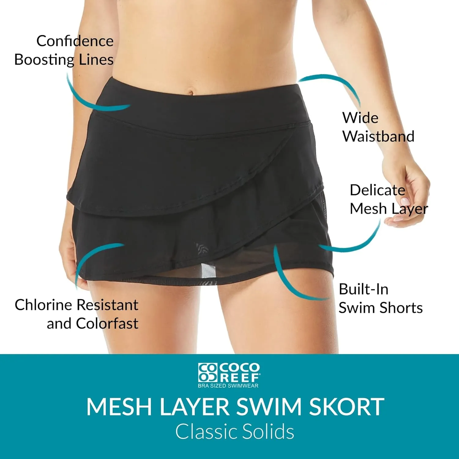 COCO REEF Mesh Layer Swim Skort for Women - Tummy Control, High-Waisted Bathing Suit Skirt Bottoms