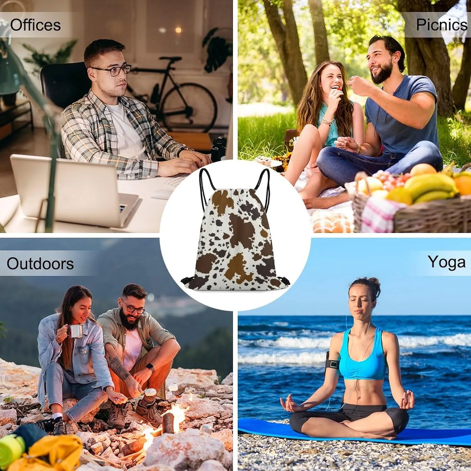 College Lightweight Bag, Large and Soft Drawstring Shoulder Backpack Compatible with Brown Skin Milk Cow Print, Reusable Storage Bag for Book Shoes Drink, Sports Gym Training Cinch Bag