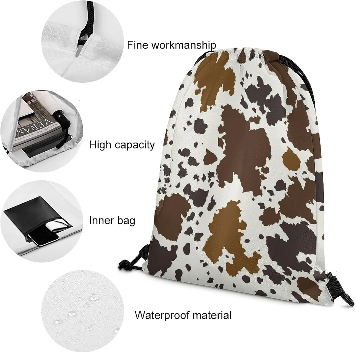 College Lightweight Bag, Large and Soft Drawstring Shoulder Backpack Compatible with Brown Skin Milk Cow Print, Reusable Storage Bag for Book Shoes Drink, Sports Gym Training Cinch Bag
