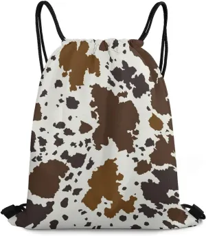College Lightweight Bag, Large and Soft Drawstring Shoulder Backpack Compatible with Brown Skin Milk Cow Print, Reusable Storage Bag for Book Shoes Drink, Sports Gym Training Cinch Bag