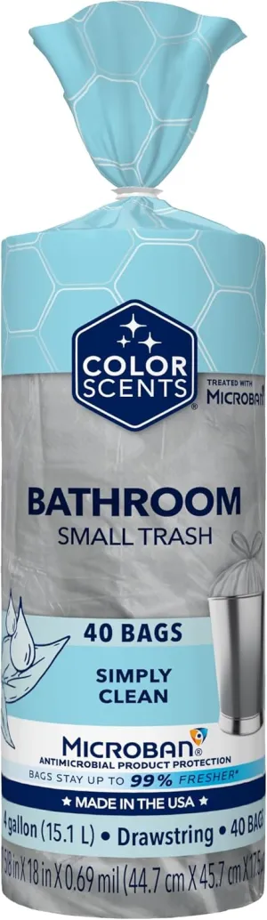 Color Scents Small Trash Bags - 4 Gallon, 40 Bags (1 Pack of 40 Count), Drawstring - Silver Bag in Simply Clean Scent with Microban