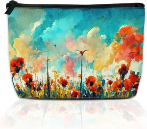 Colorful Red Poppy Flowers Makeup Bag for Purse, Waterproof Funny Watercolor Cosmetic Bag for Women, Zipper Travel Toiletry Pouch Gift 9.55.9 Inch